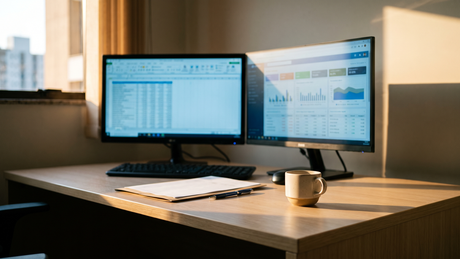 Mesa de trabalho de um escritório de contabilidade com dois monitores exibindo planilhas e painéis de dados