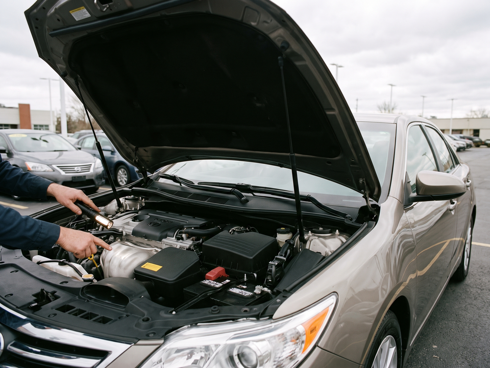 Capô aberto de um veículo com um profissional conferindo a numeração do motor com uma lanterna
